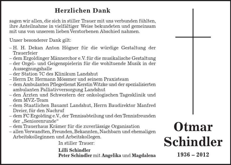 Traueranzeige Otmar Schindler