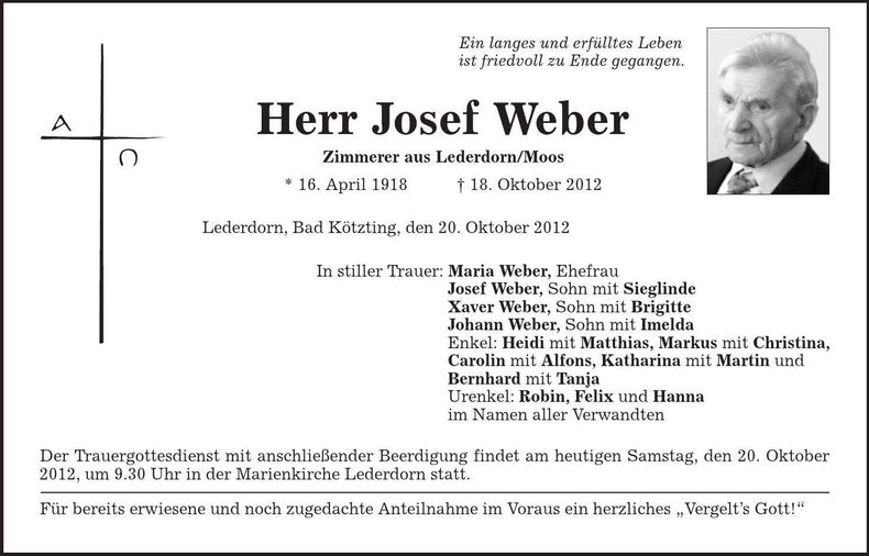 Traueranzeige Josef Weber