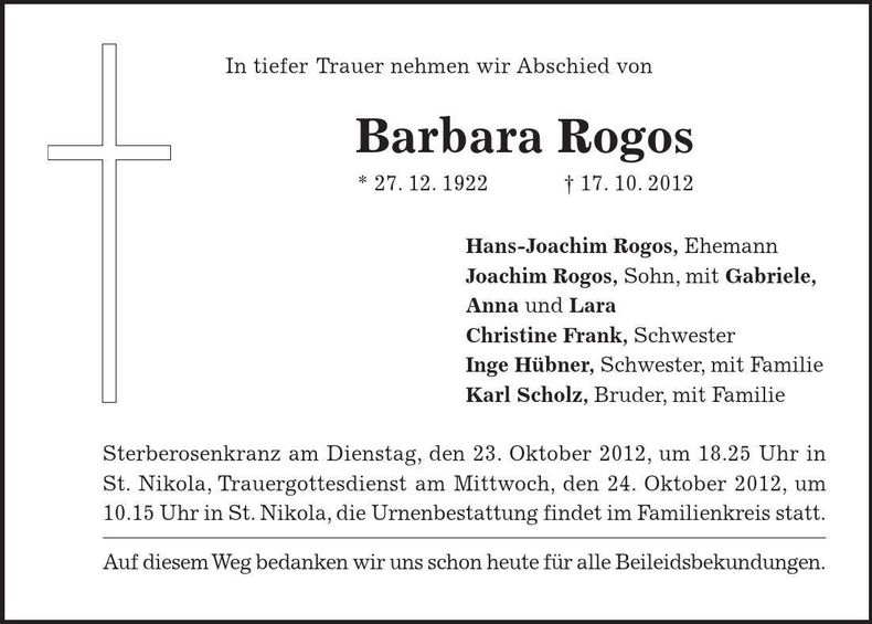 Traueranzeige Barbara Rogos