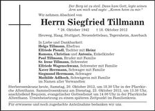 Traueranzeige Siegfried Tillmann
