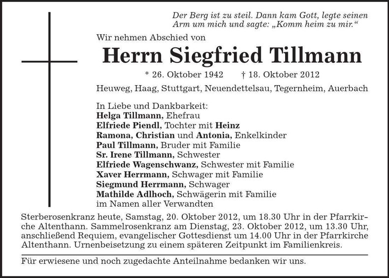 Traueranzeige Siegfried Tillmann