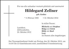 Traueranzeige Hildegard Zellner