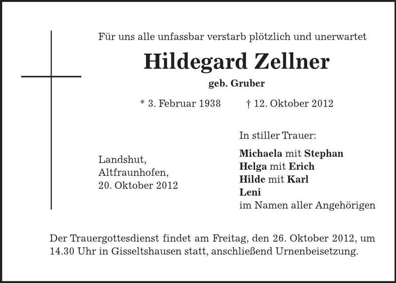 Traueranzeige Hildegard Zellner