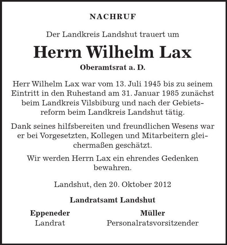 Traueranzeige Wilhelm Lax