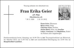 Traueranzeige Erika Geier