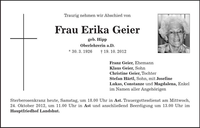 Traueranzeige Erika Geier