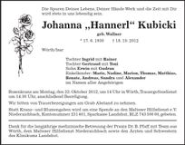 Traueranzeige Johanna Kubicki