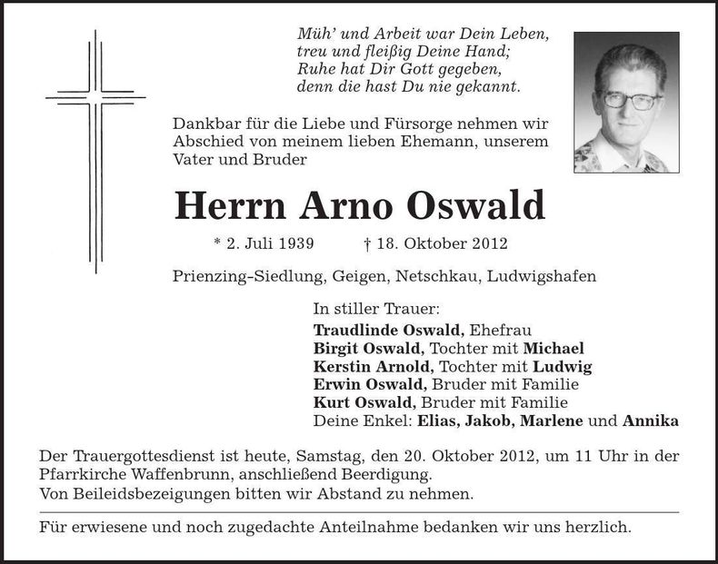 Traueranzeige Arno Oswald
