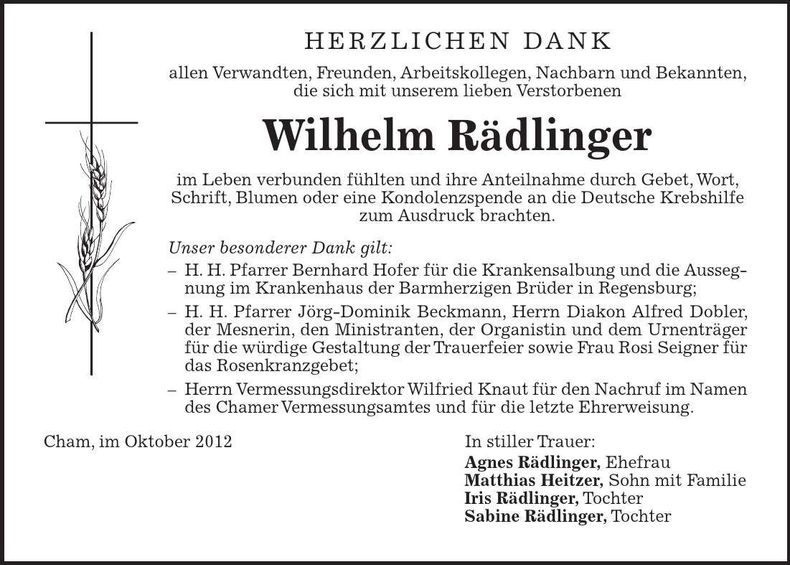 Traueranzeige Wilhelm Rädlinger