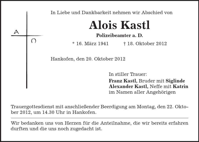 Traueranzeige Alois Kastl