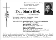 Traueranzeige Maria Riek