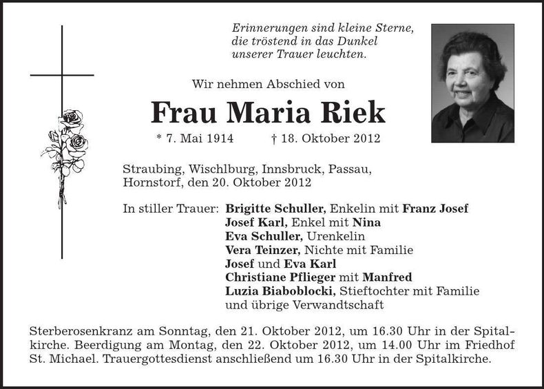 Traueranzeige Maria Riek