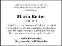 Traueranzeige Maria Reiter