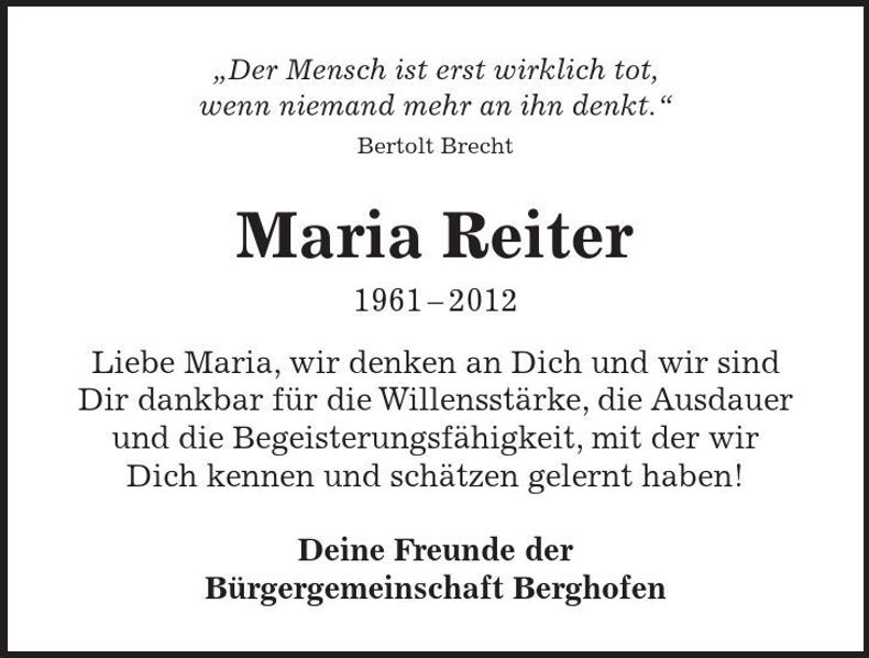 Traueranzeige Maria Reiter