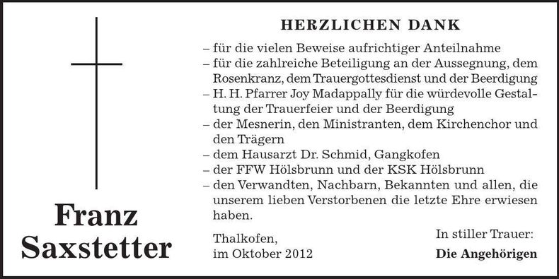 Traueranzeige Franz Saxstetter