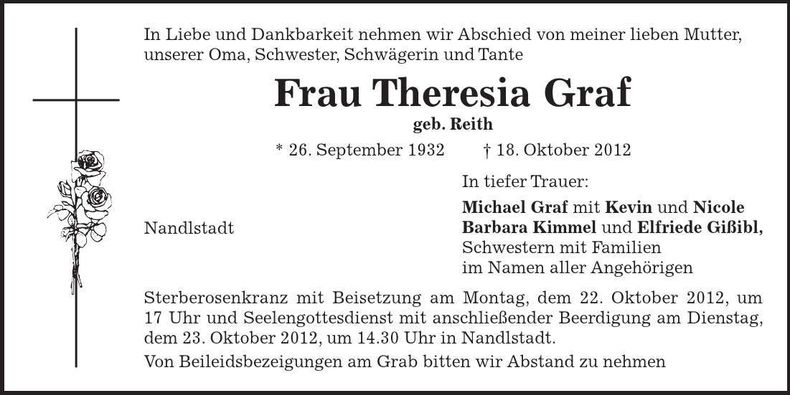 Traueranzeige Theresia Graf