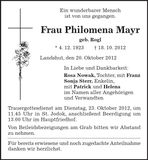Traueranzeige Philomena Mayr