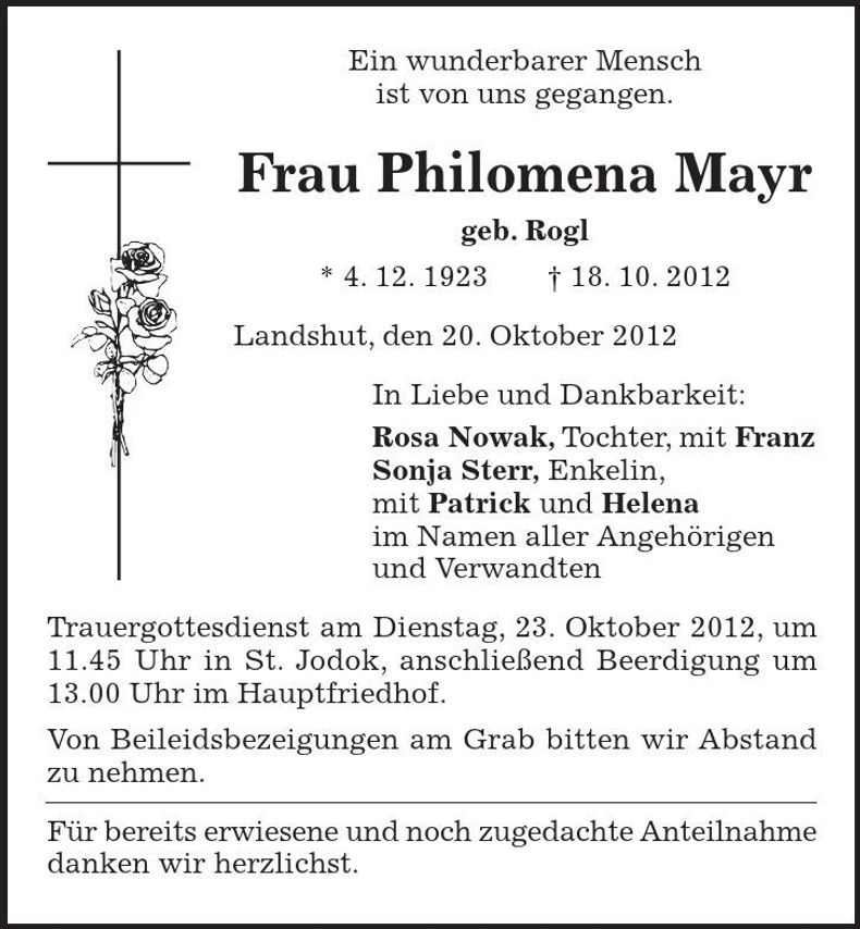 Traueranzeige Philomena Mayr