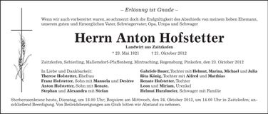 Traueranzeige Anton Hofstetter