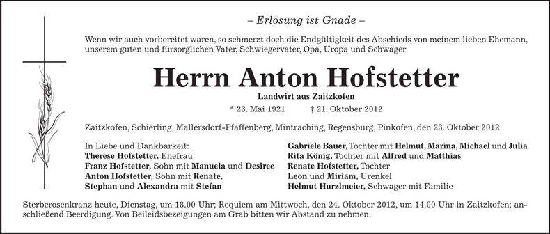 Traueranzeige Anton Hofstetter