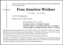 Traueranzeige Annelore Weidner