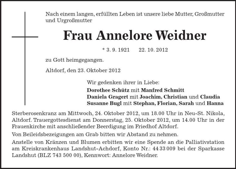 Traueranzeige Annelore Weidner