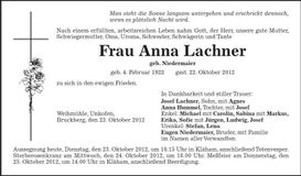 Traueranzeige Anna Lachner