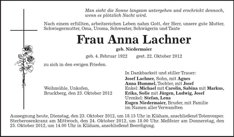 Traueranzeige Anna Lachner