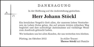 Traueranzeige Johann Stöckl