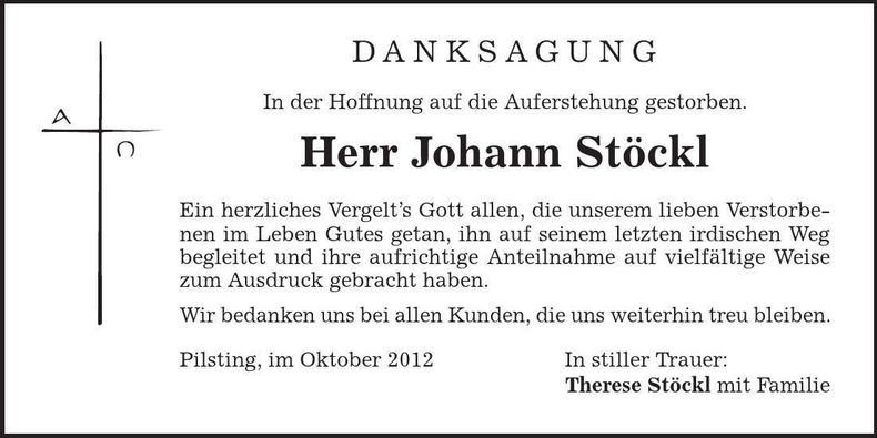 Traueranzeige Johann Stöckl