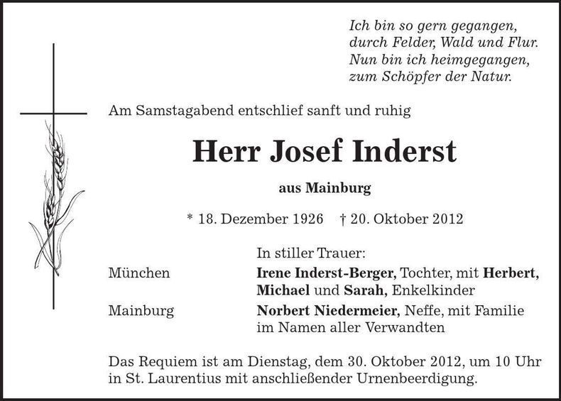 Traueranzeige Josef Inderst