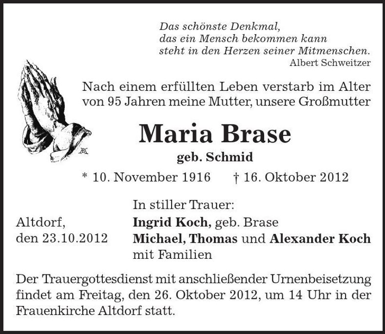 Traueranzeige Maria Brase