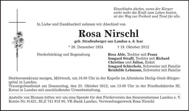 Traueranzeige Rosa Nirschl