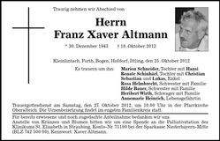 Traueranzeige Franz Xaver Altmann