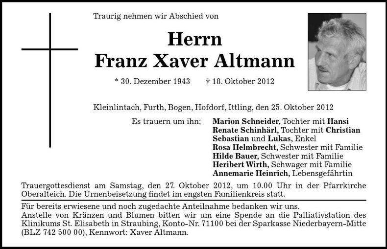 Traueranzeige Franz Xaver Altmann