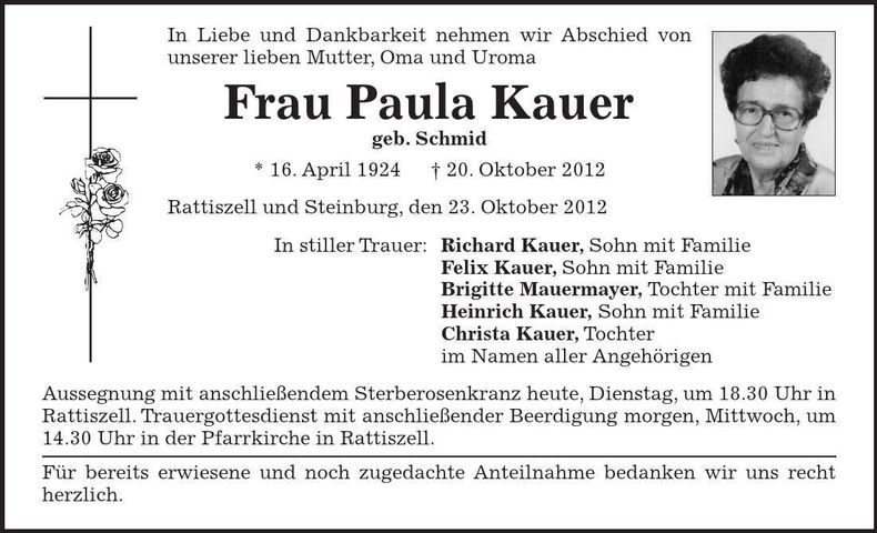 Traueranzeige Paula Kauer