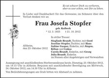 Traueranzeige Josefa Stopfer