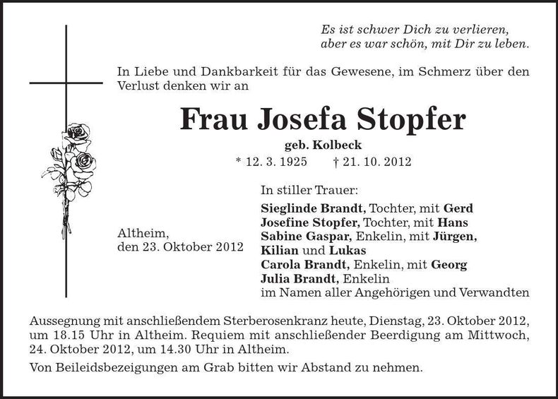 Traueranzeige Josefa Stopfer