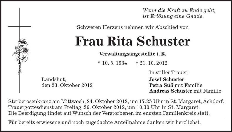 Traueranzeige Rita Schuster