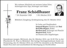 Traueranzeige Franz Schödlbauer
