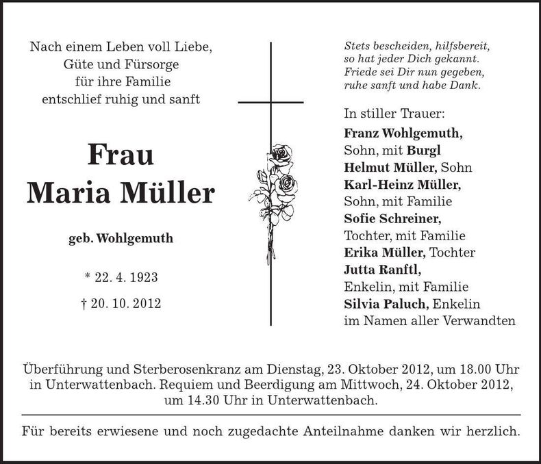 Traueranzeige Maria Müller