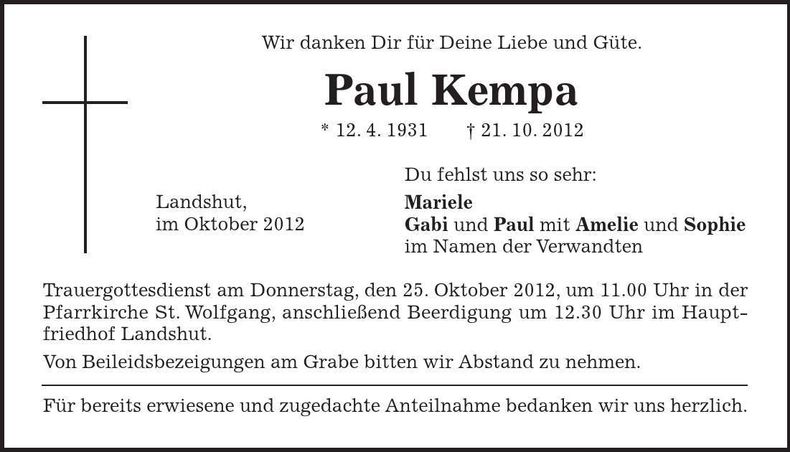Traueranzeige Paul Kempa
