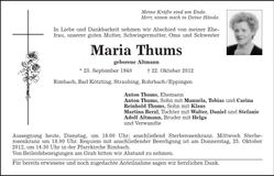 Traueranzeige Maria Thums
