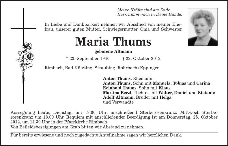 Traueranzeige Maria Thums