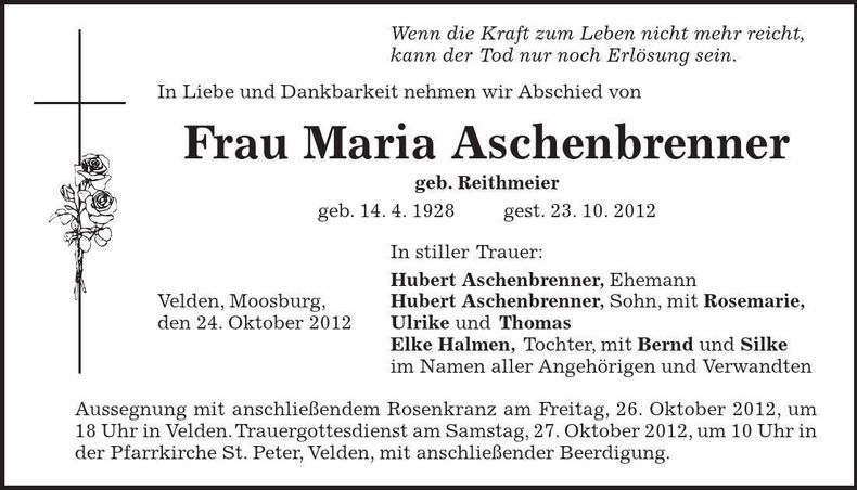 Traueranzeige Maria Aschenbrenner