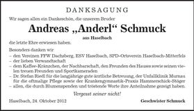 Traueranzeige Andreas "Anderl" Schmuck