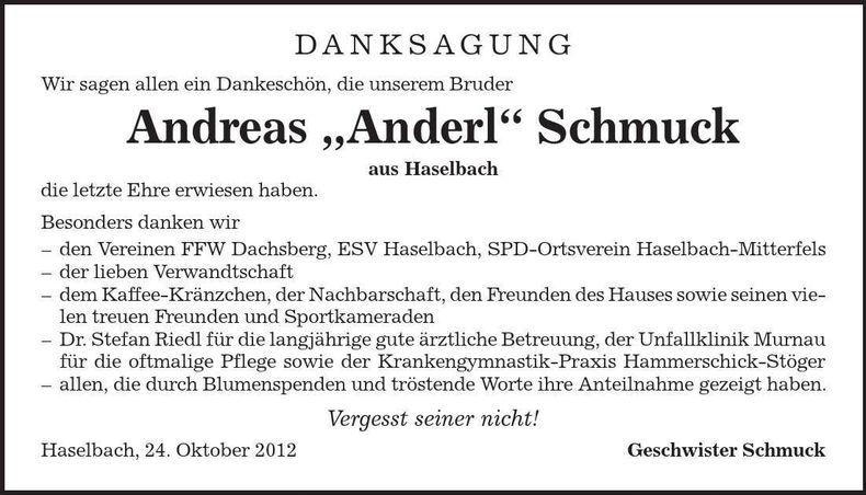 Traueranzeige Andreas "Anderl" Schmuck