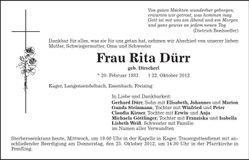 Traueranzeige Rita Dürr