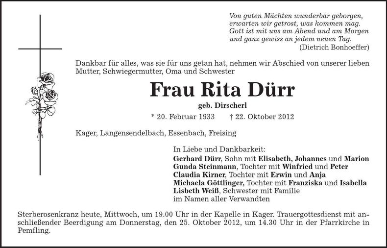 Traueranzeige Rita Dürr