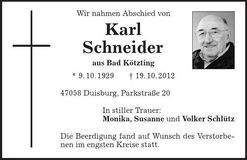 Traueranzeige Karl Schneider